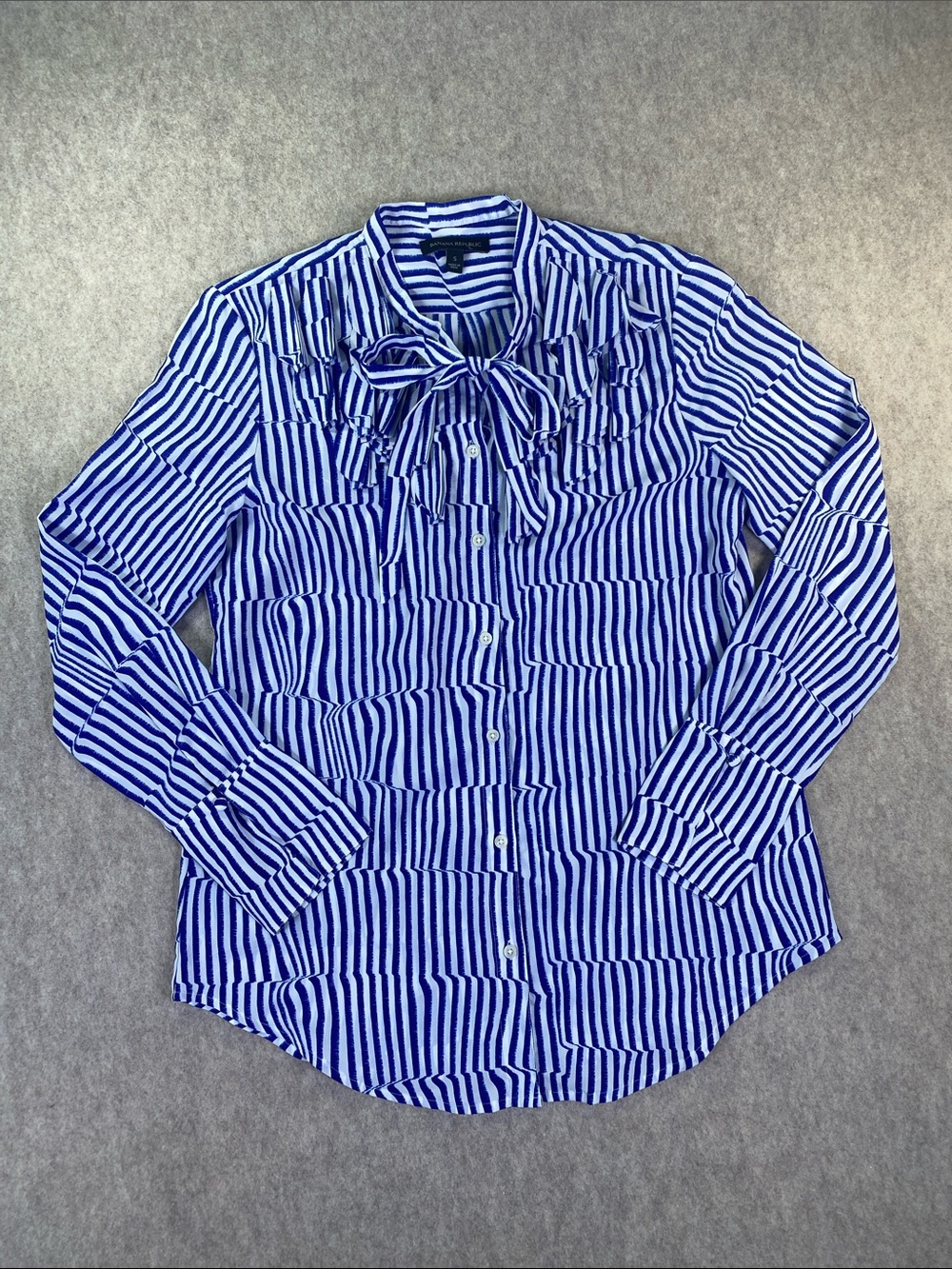 Banana Republic Blue & White Stripe Ruffle Tie Neck Blouse Women's Small